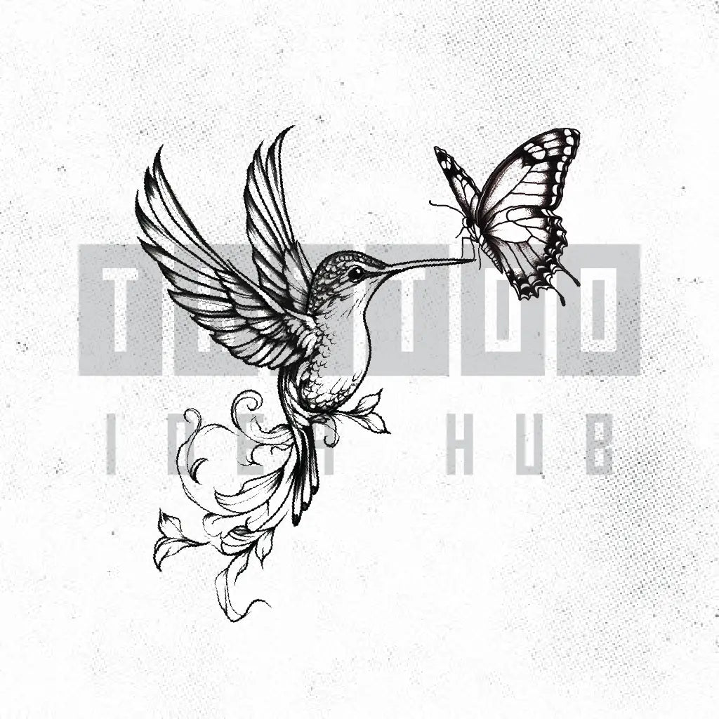 hummingbird and butterfly tattoo idea design stencil png