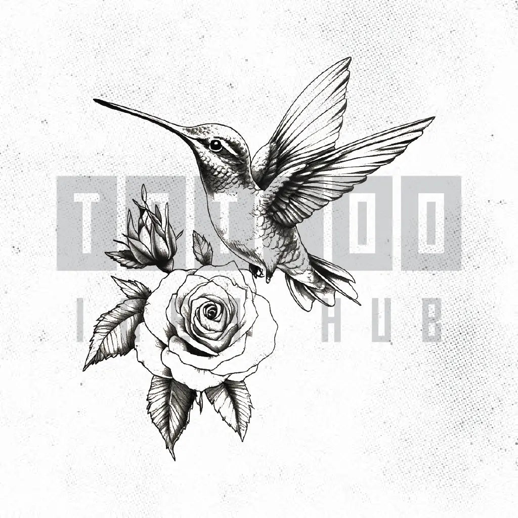 hummingbird and rose tattoo idea design stencil png