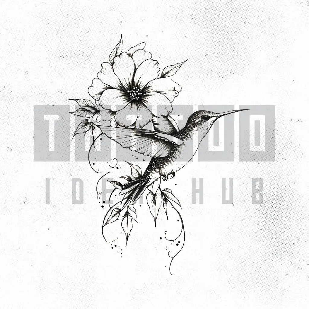 hummingbird and flower tattoo idea design stencil png