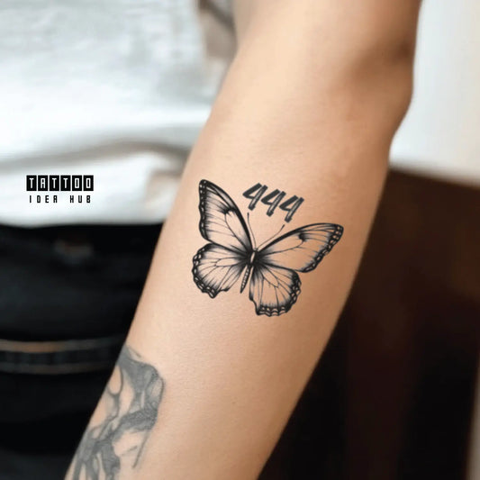 444 with butterfly forearm temporary tattoo idea design