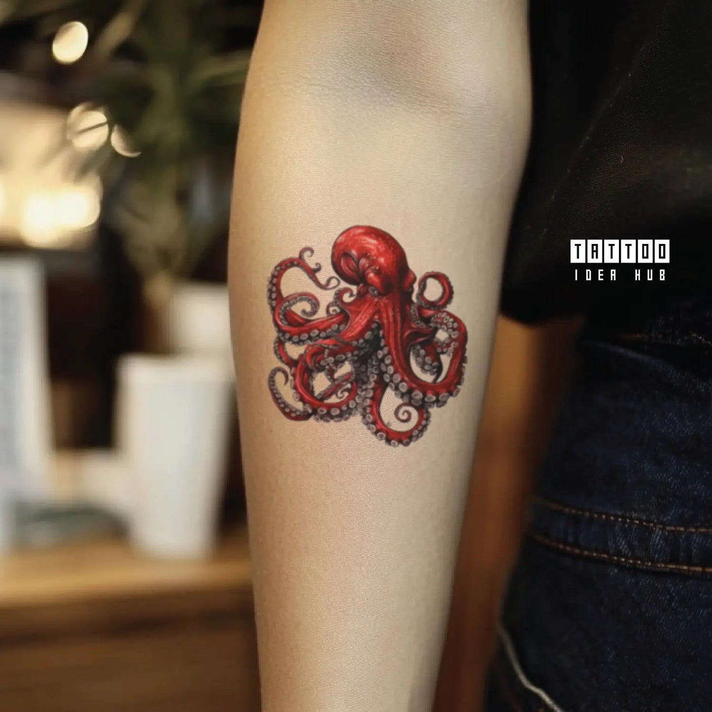 red octopus forearm temporary tattoo idea design