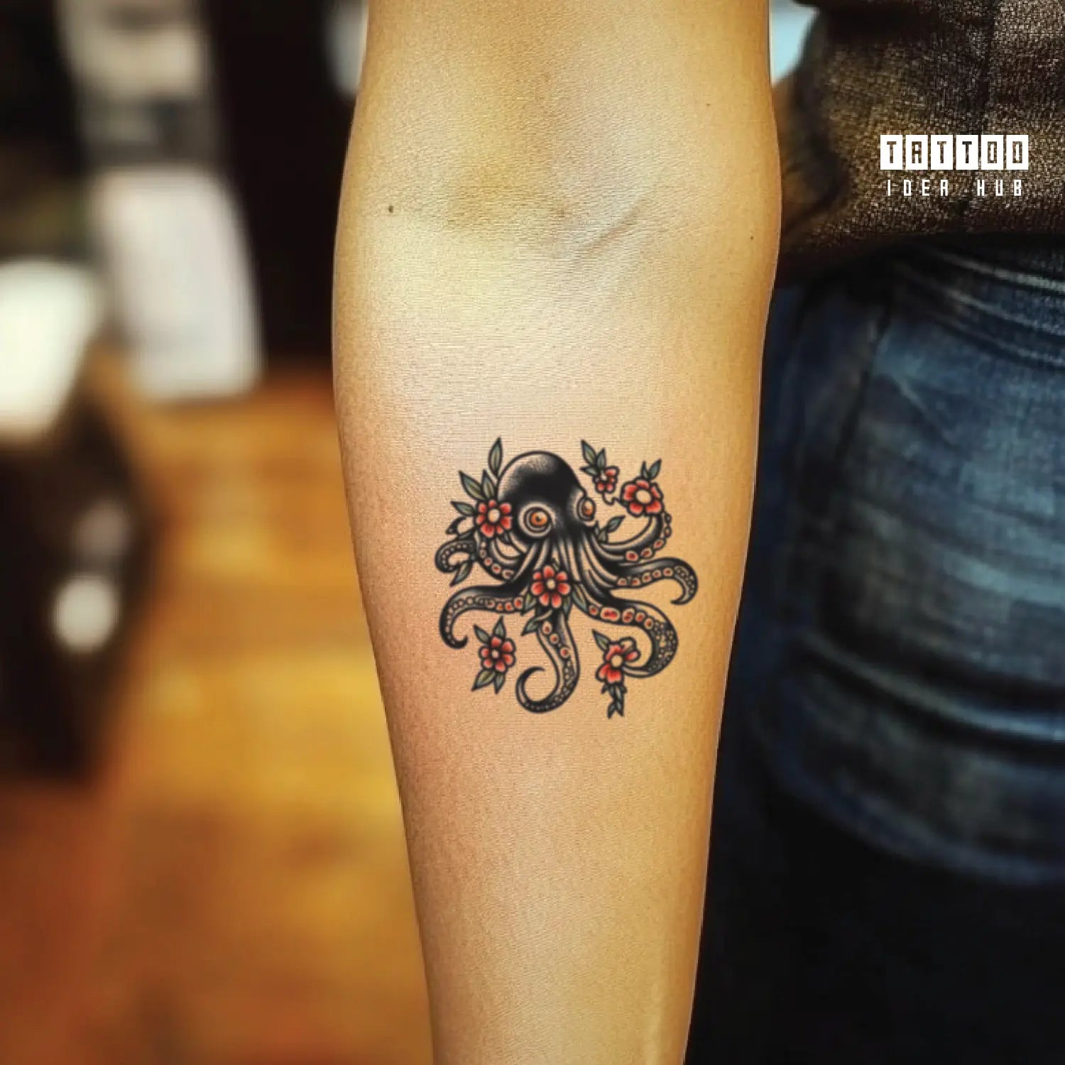 traditional octopus forearm temporary tattoo idea design