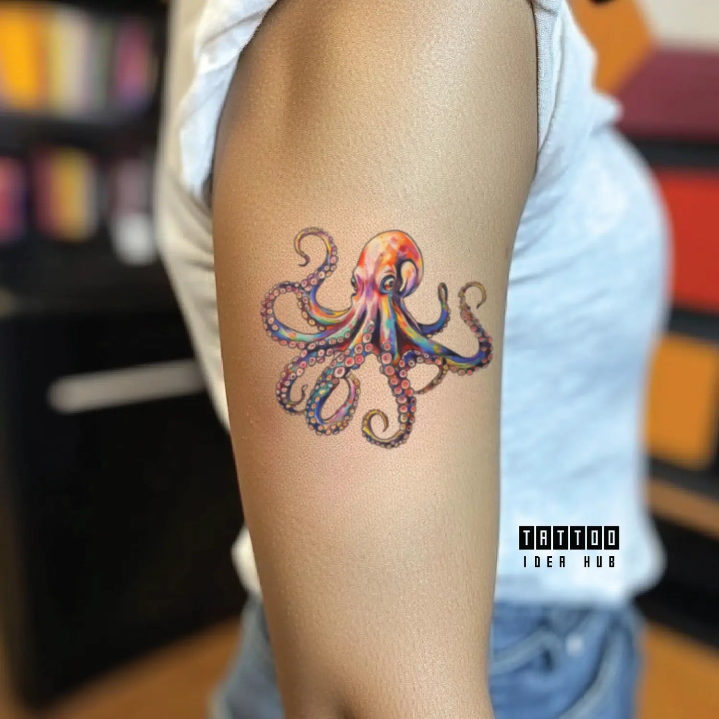 colorful octopus bicep temporary tattoo idea design