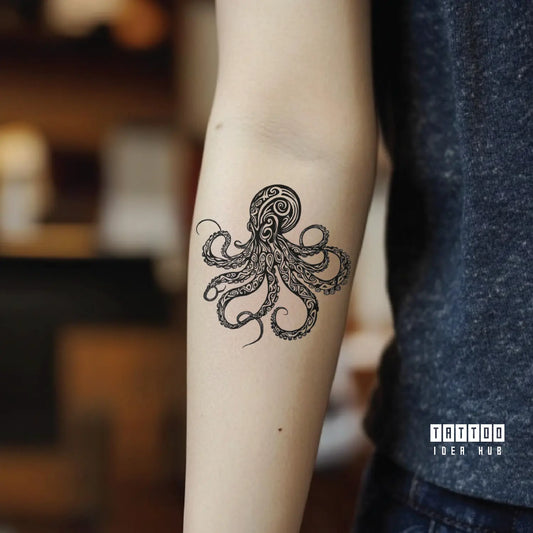 tribal octopus forearm temporary tattoo idea design