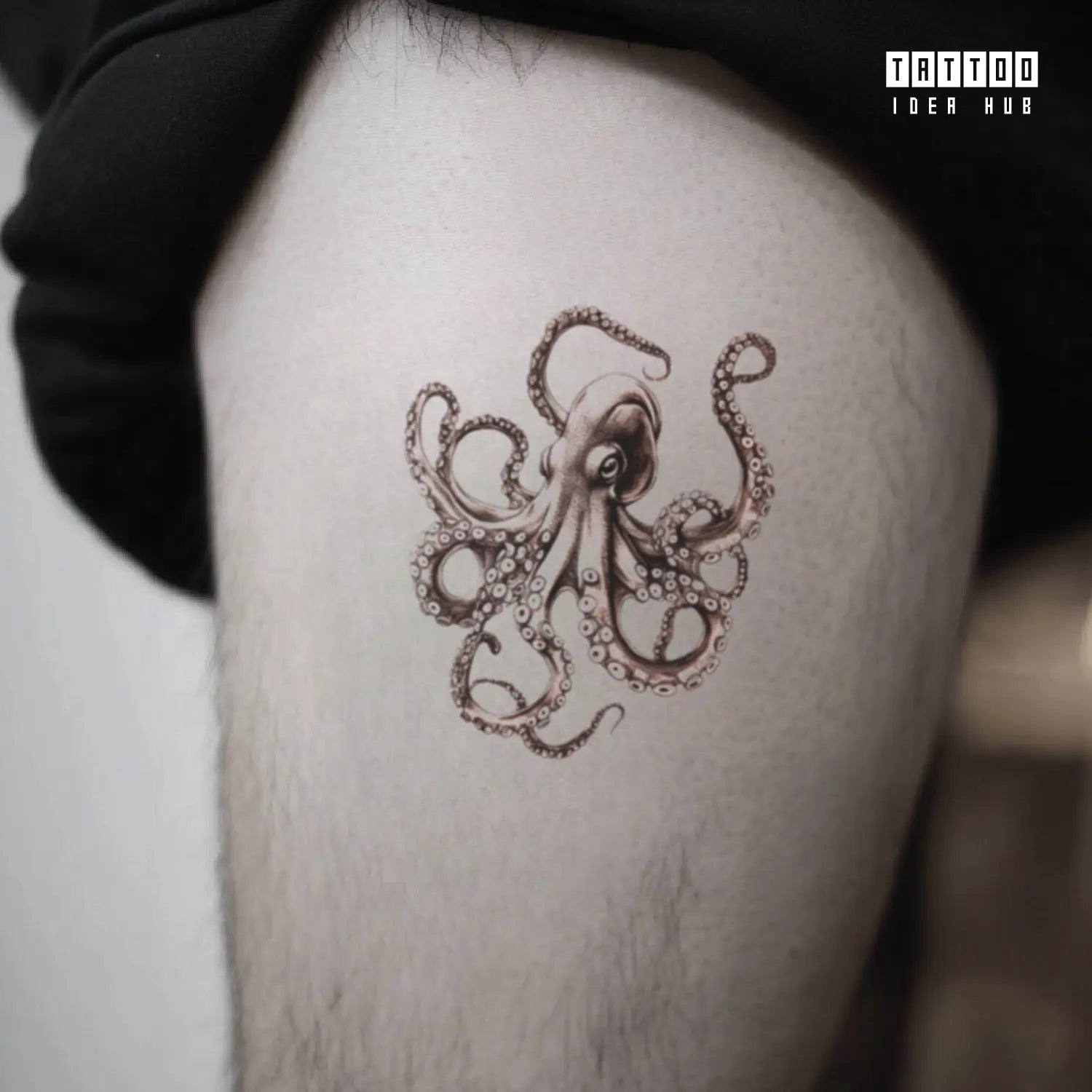 black and grey octopus thigh temporary tattoo idea design