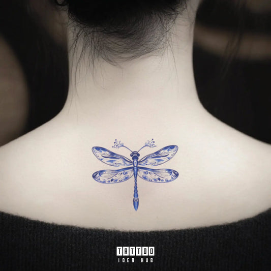 blue dragonfly neck temporary tattoo idea design