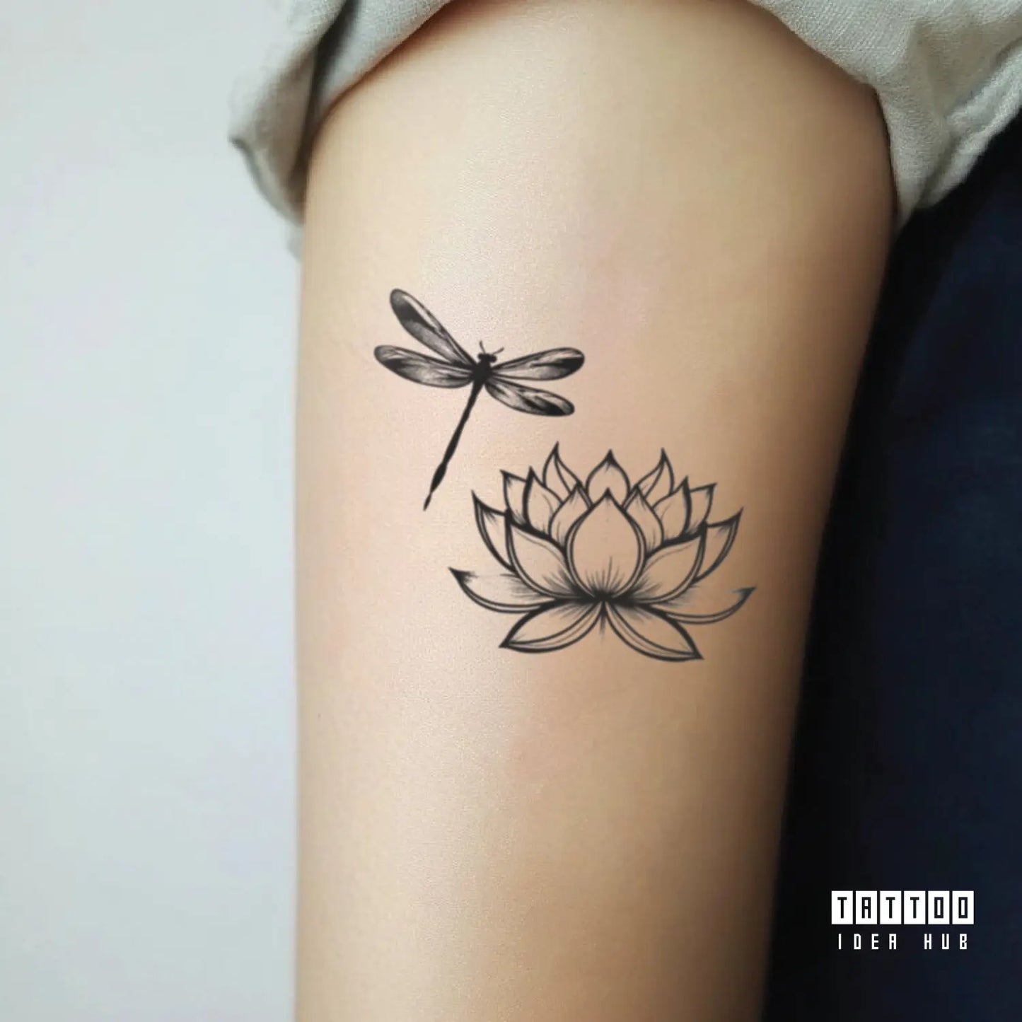 dragonfly and lotus flower bicep temporary tattoo idea design