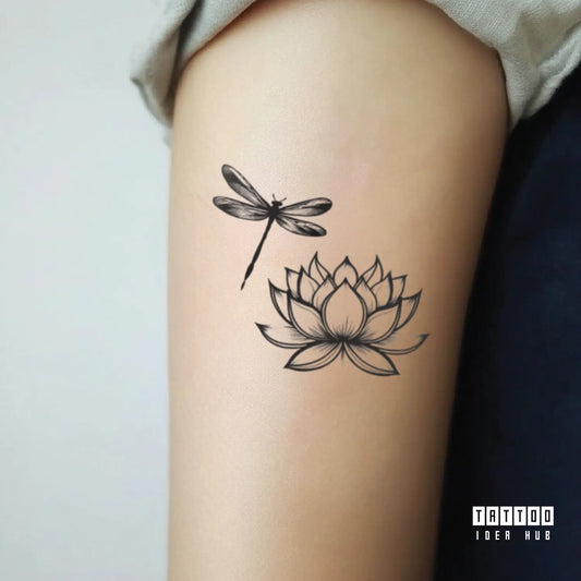 dragonfly and lotus flower bicep temporary tattoo idea design