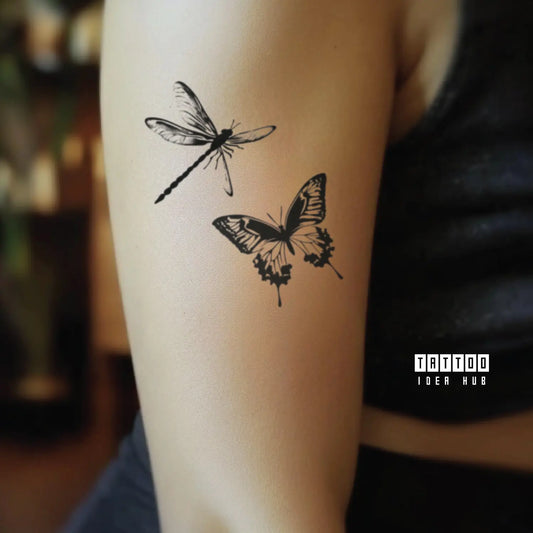 butterfly and dragonfly bicep temporary tattoo idea design