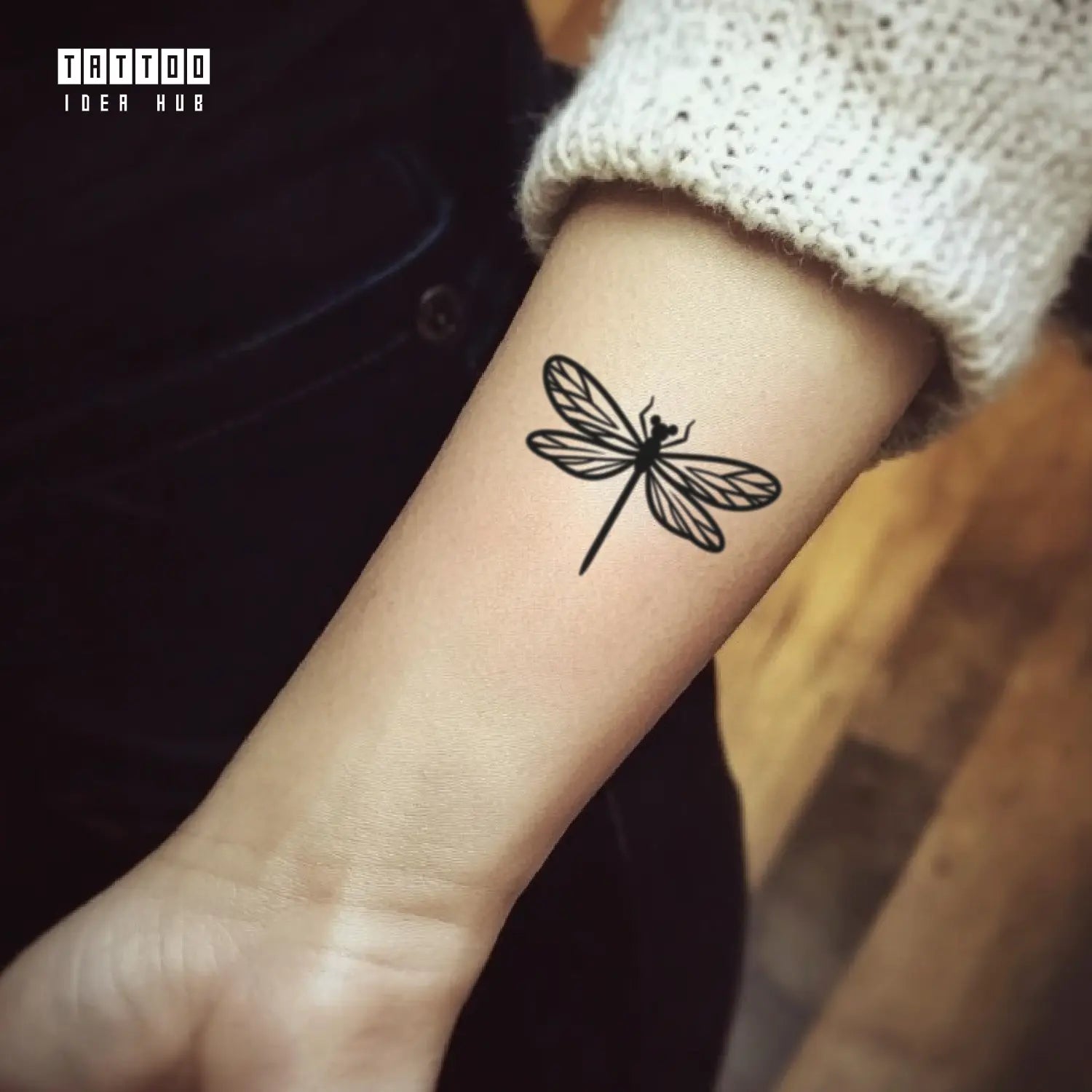 simple outline dragonfly wrist temporary tattoo idea design