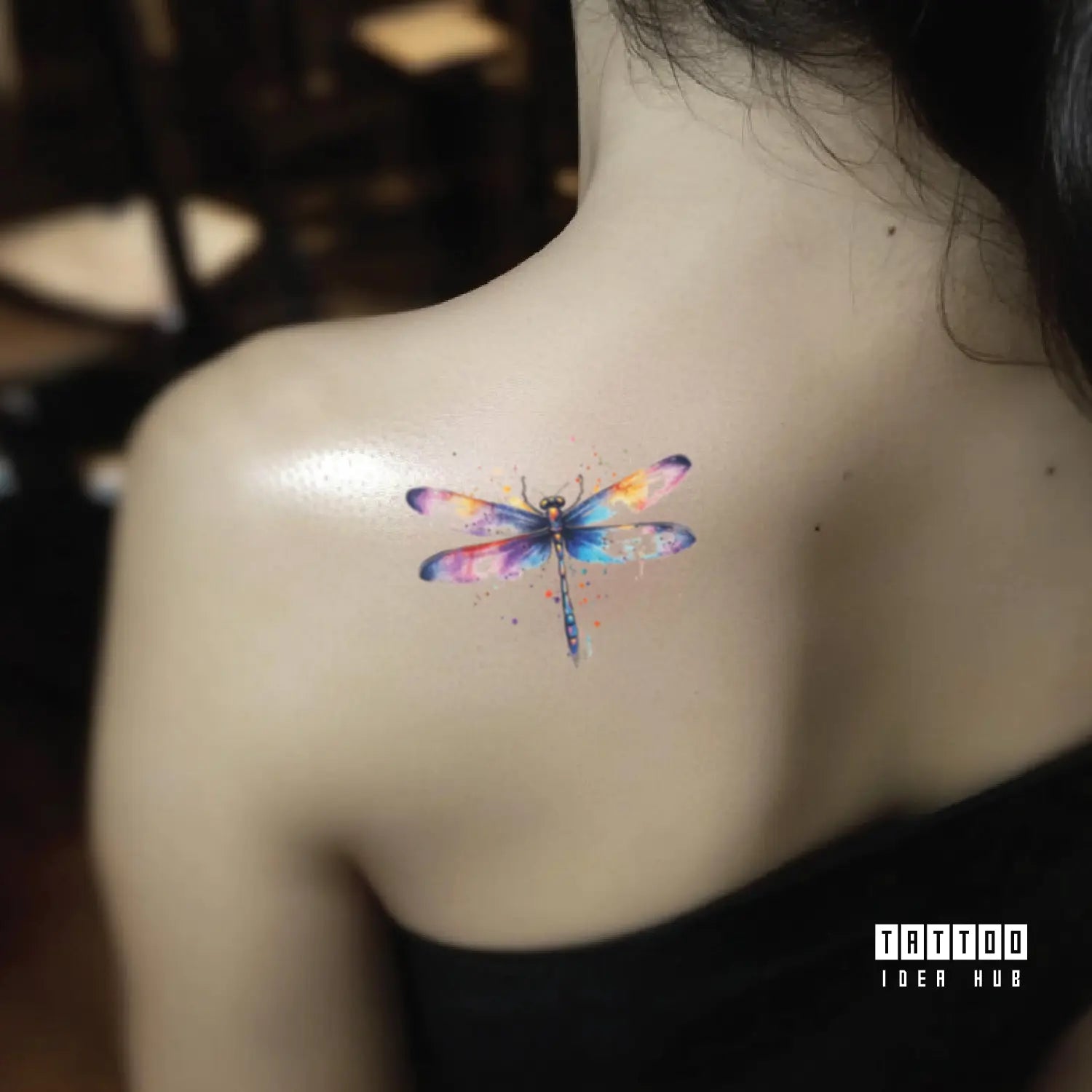 watercolor dragonfly shoulder temporary tattoo idea design