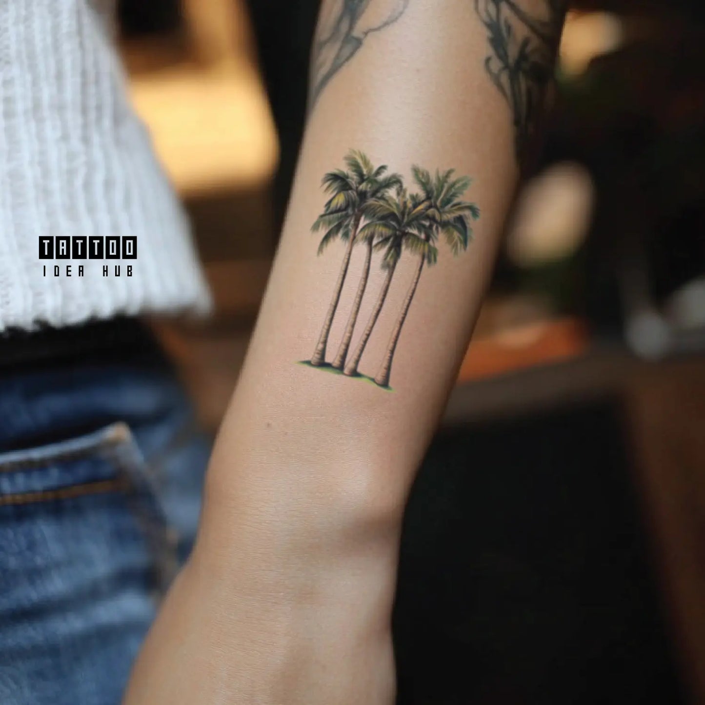 realistic palm tree forearm temporary tattoo idea design