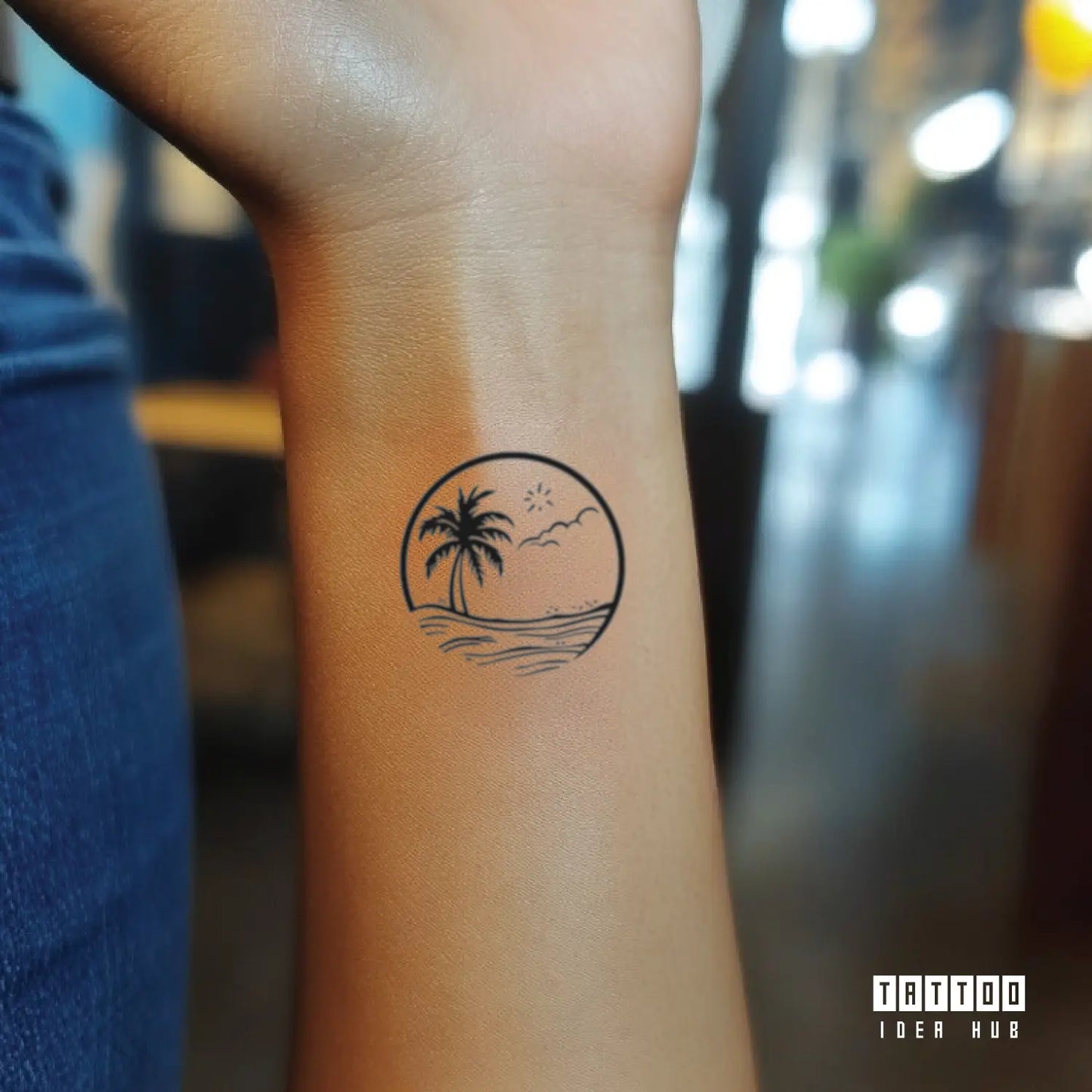 palm tree wave sun wrist temporary tattoo idea design