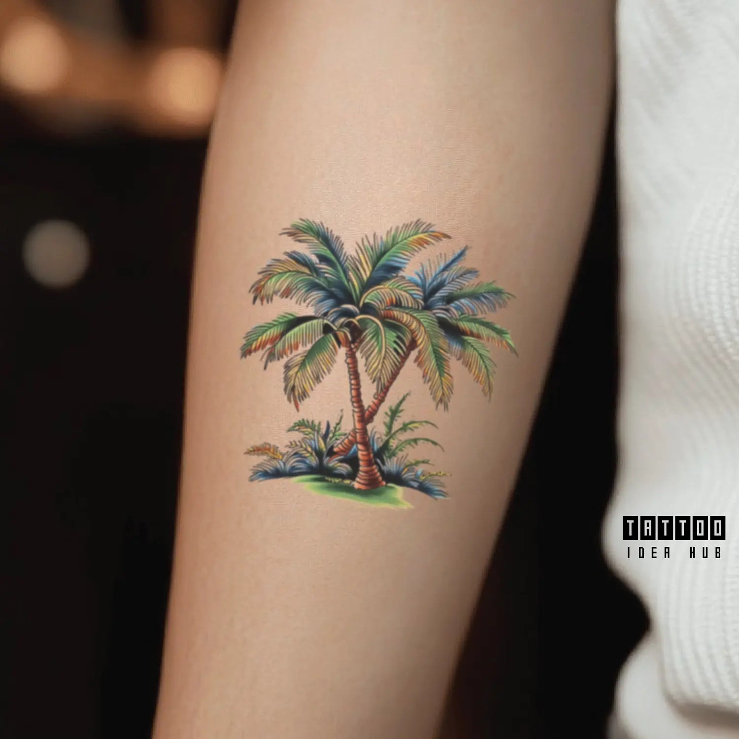 colorful palm tree forearm temporary tattoo idea design