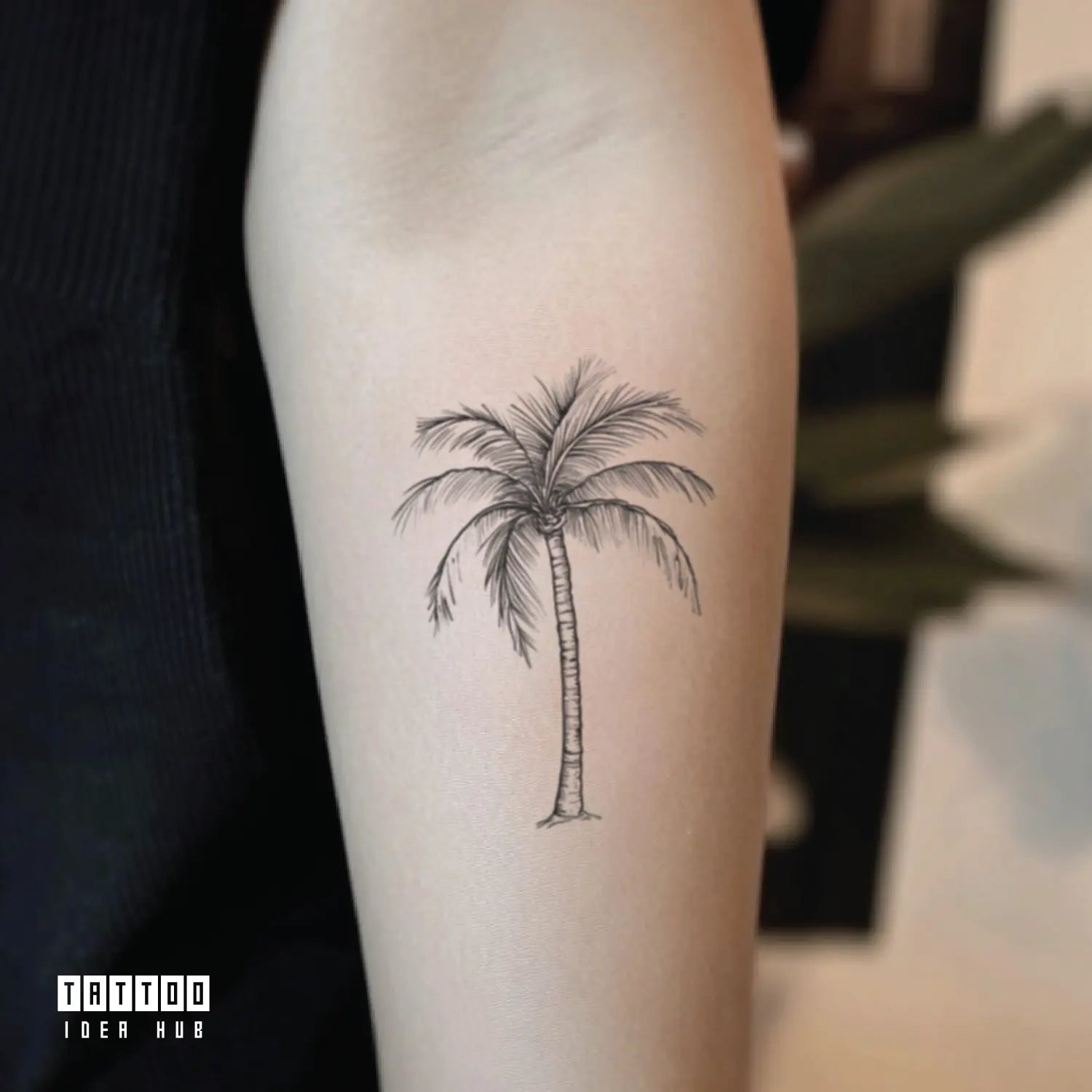 fine line palm tree forearm temporary tattoo idea design