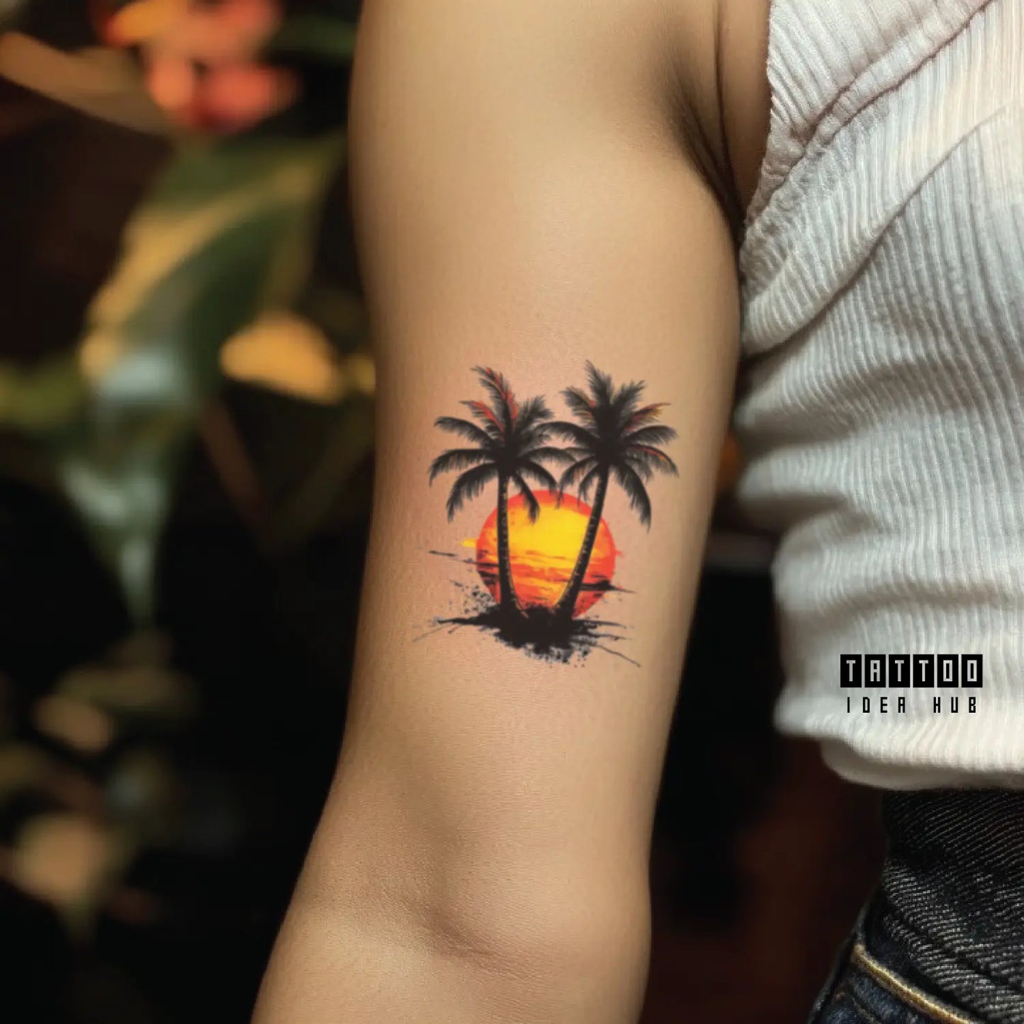 palm tree sunset bicep temporary tattoo idea design