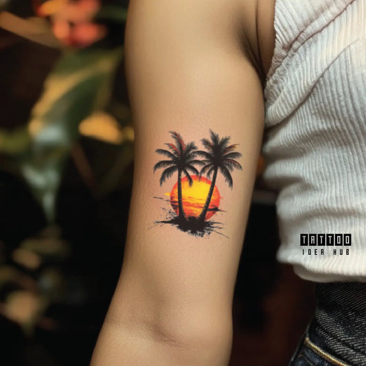 palm tree sunset bicep temporary tattoo idea design