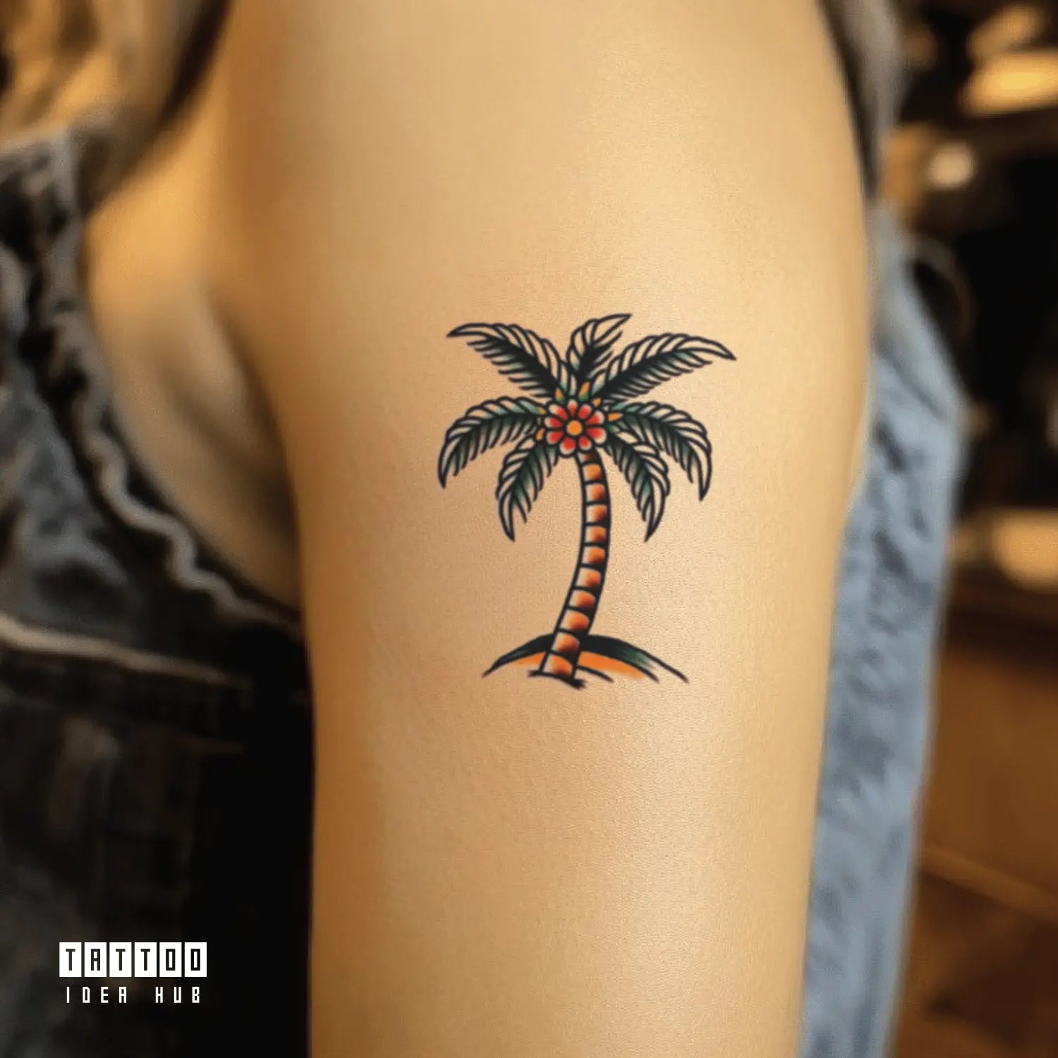 traditional palm tree bicep temporary tattoo idea design