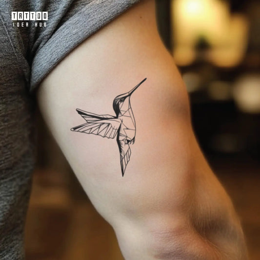 geometric hummingbird bicep temporary tattoo idea design