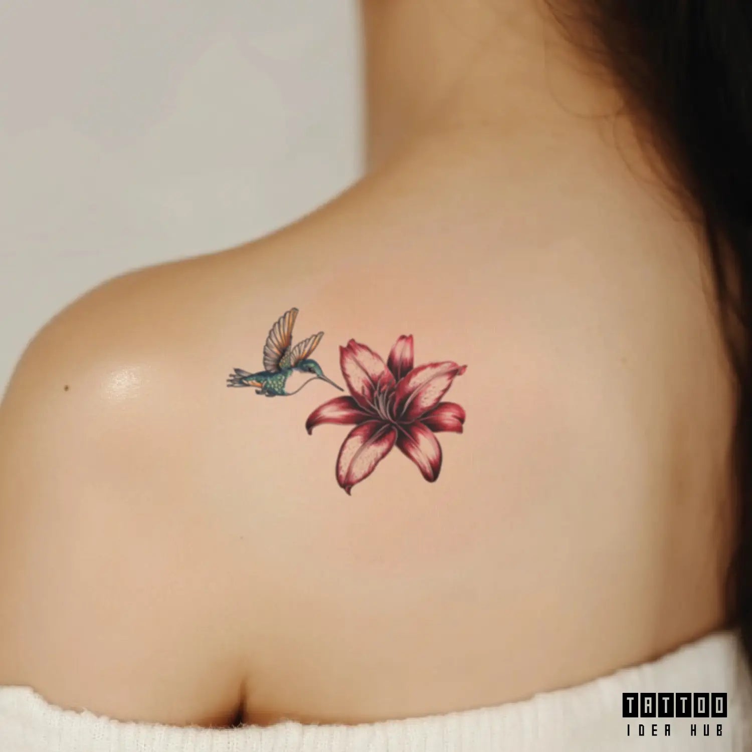 hummingbird and lily shoulder temporary tattoo idea design