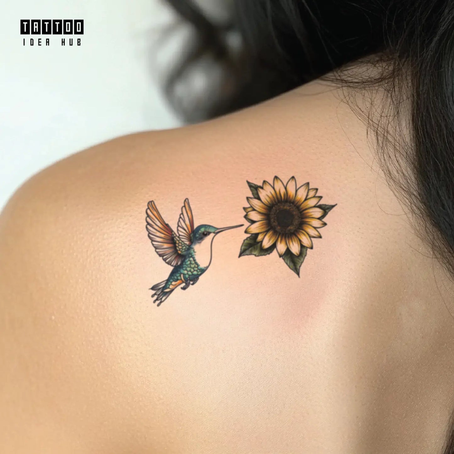 sunflower and hummingbird shoulder temporary tattoo idea design