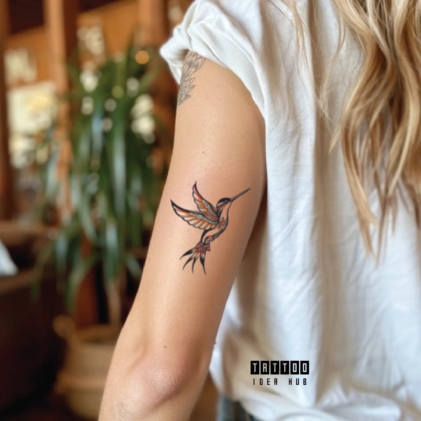 aztec hummingbird bicep temporary tattoo idea design