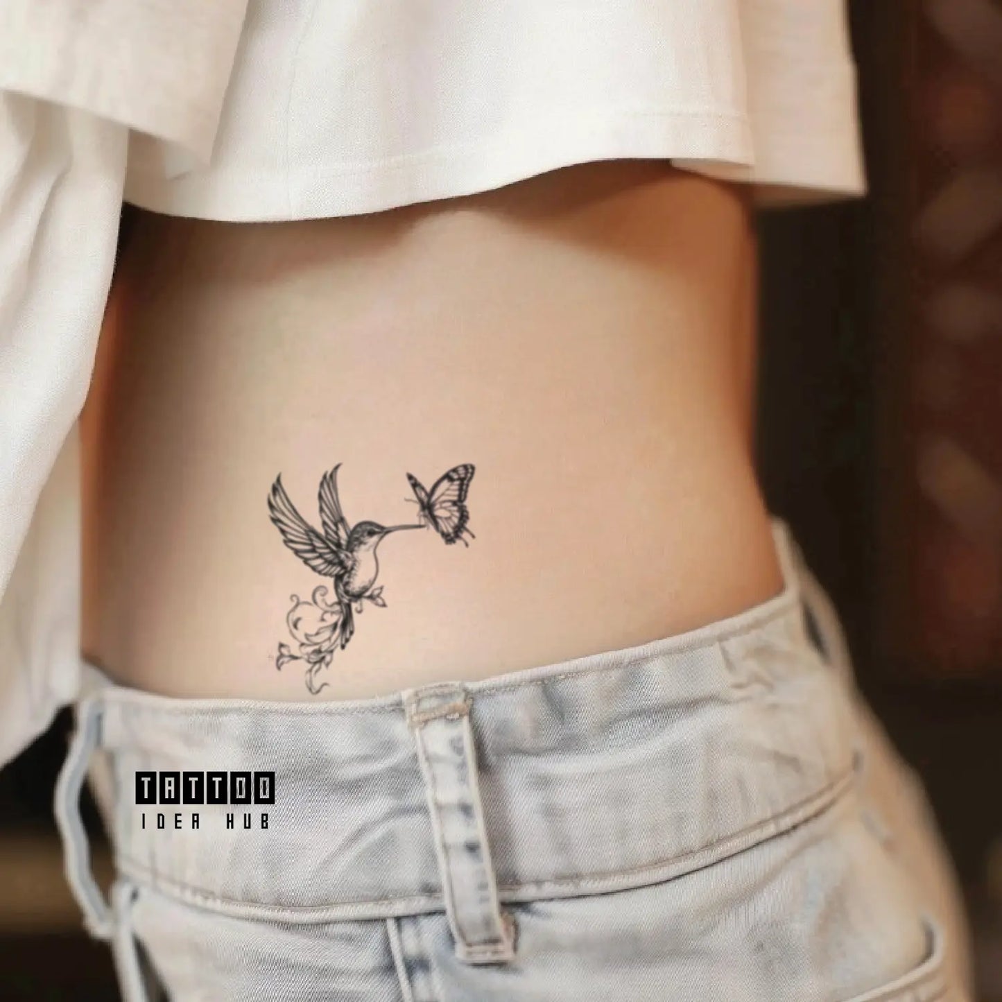 hummingbird and butterfly waist temporary tattoo idea design