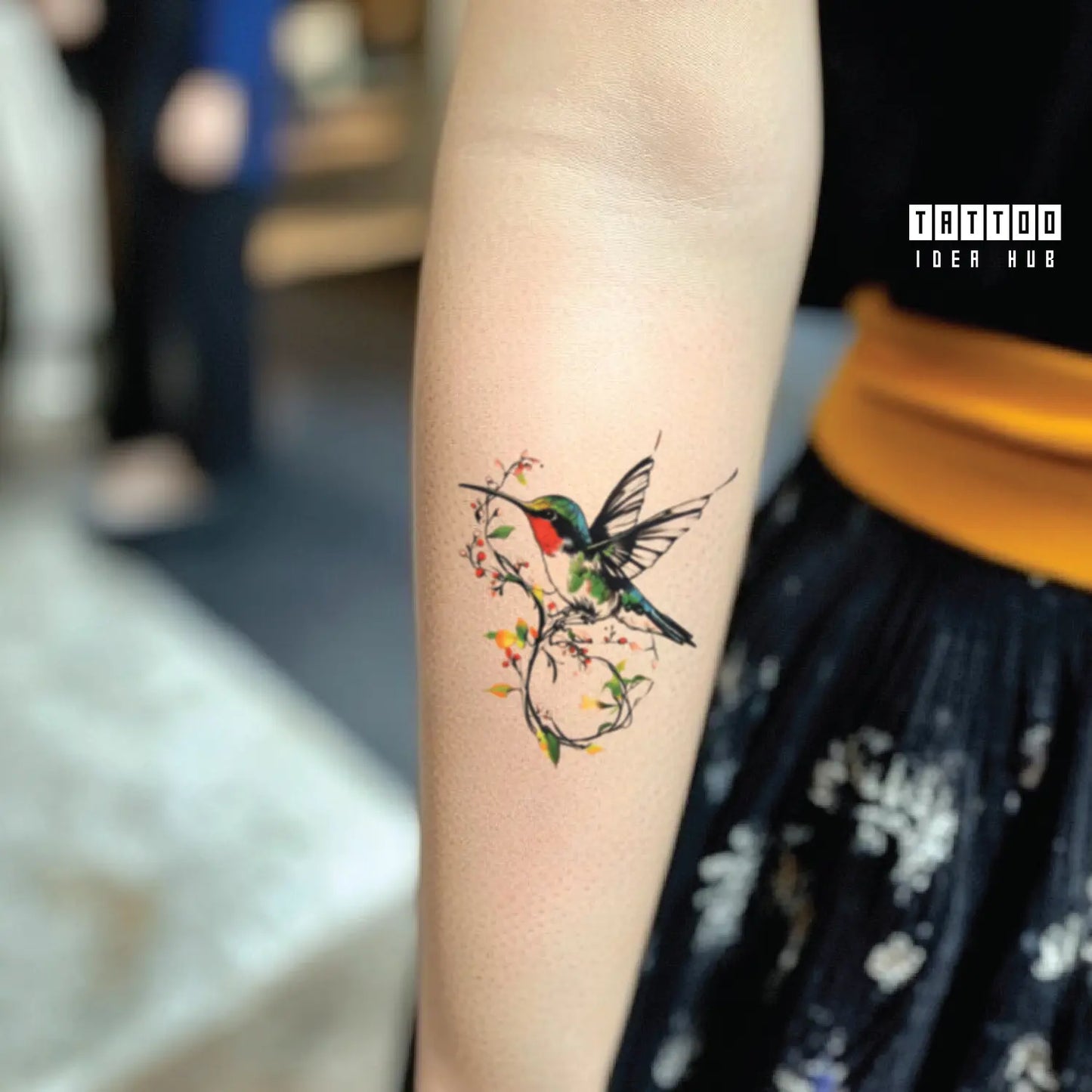 colorful hummingbird forearm temporary tattoo idea design