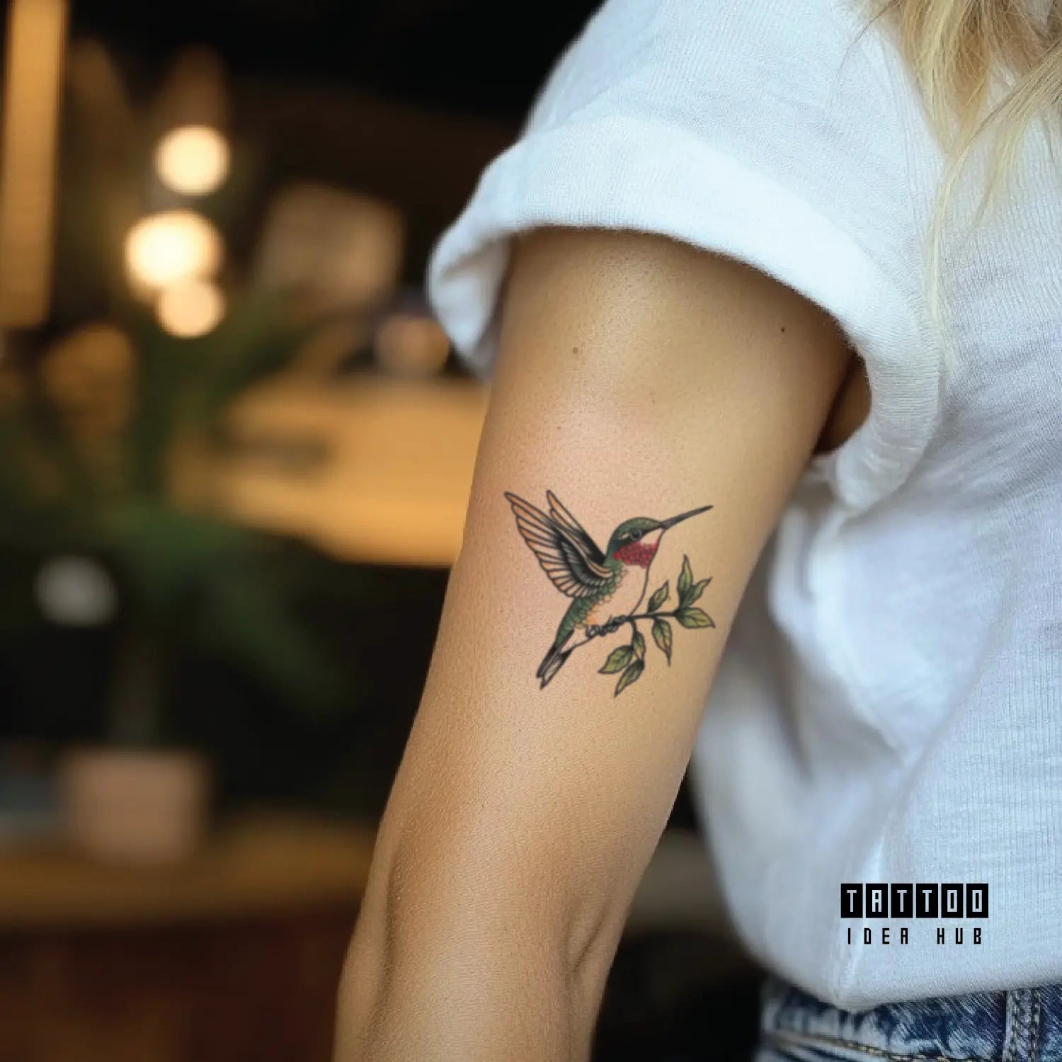 traditional hummingbird bicep temporary tattoo idea design