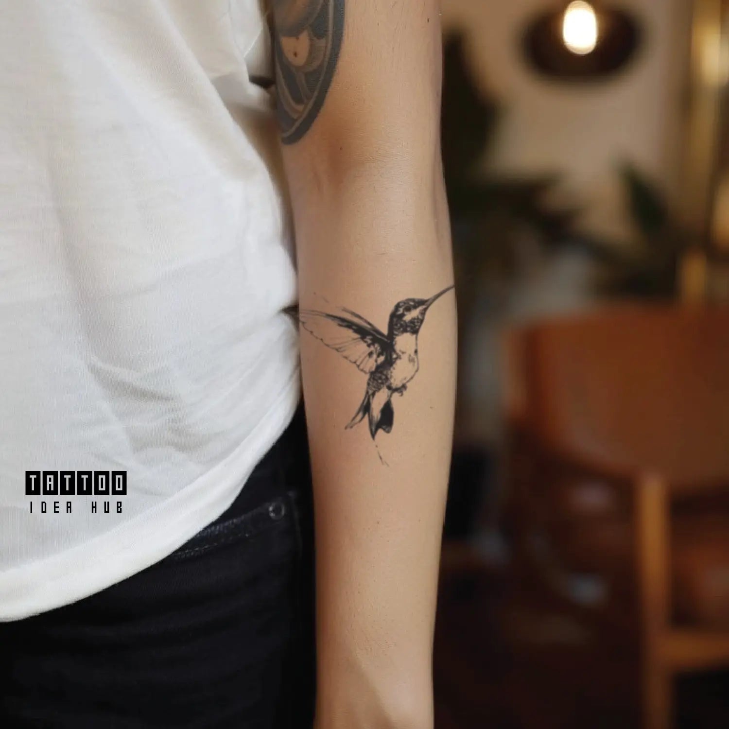 black and white hummingbird forearm temporary tattoo idea design