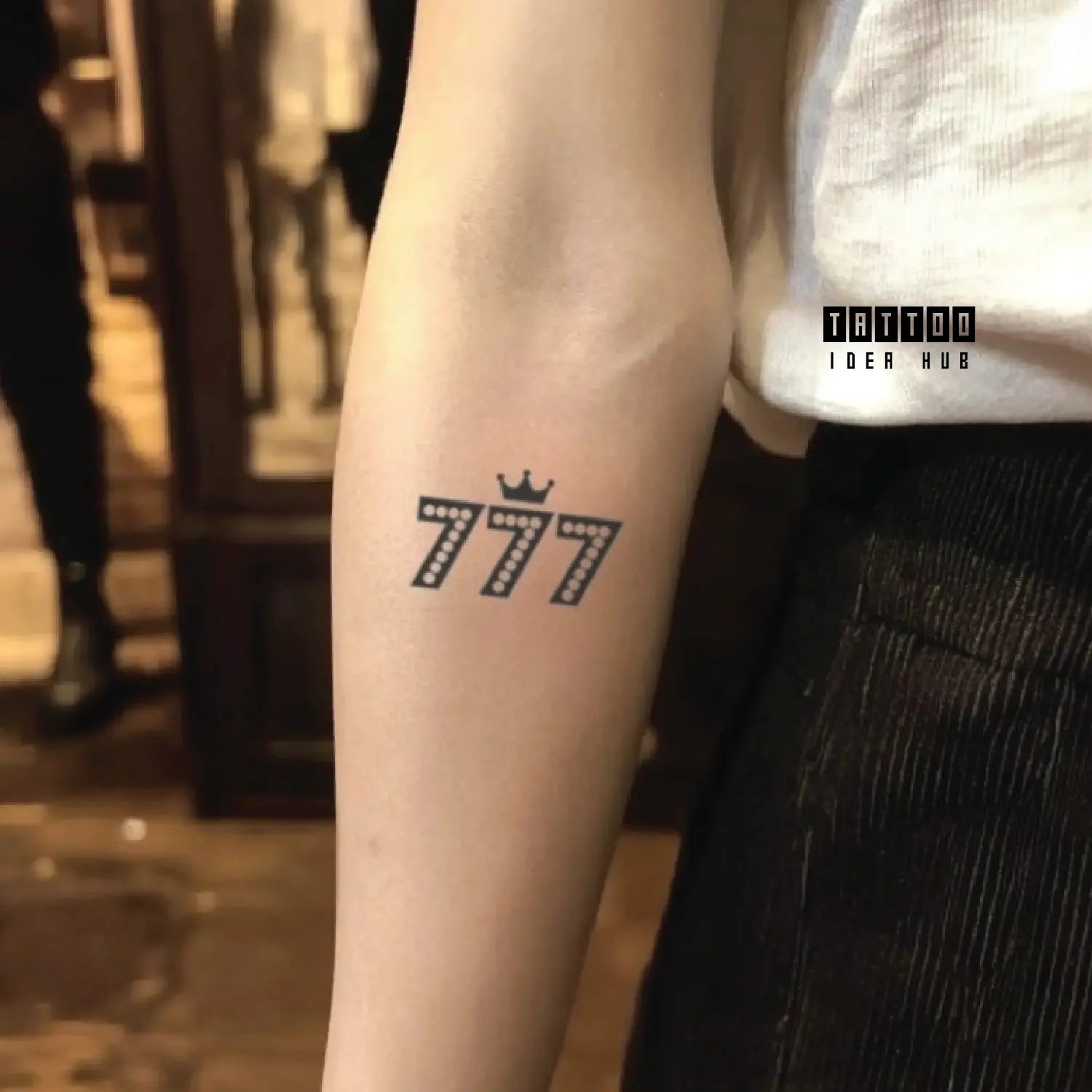 lucky 777 with crown forearm temporary tattoo idea design