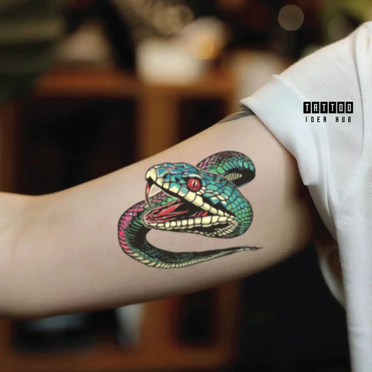 neo traditional snake bicep temporary tattoo idea design