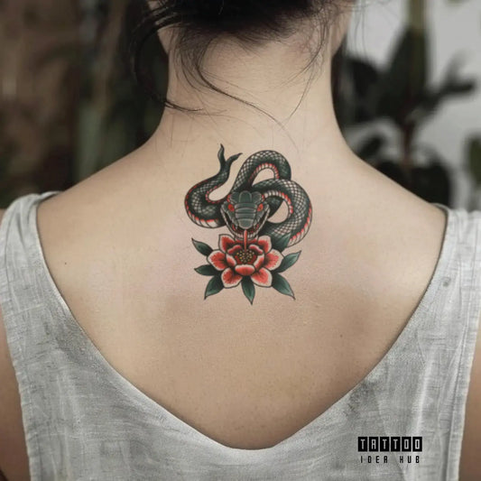 traditional japanese snake flower neck temporary tattoo idea design