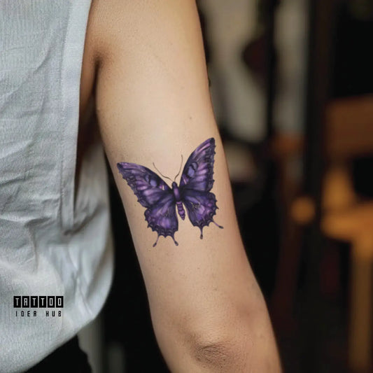 purple butterfly bicep temporary tattoo idea design