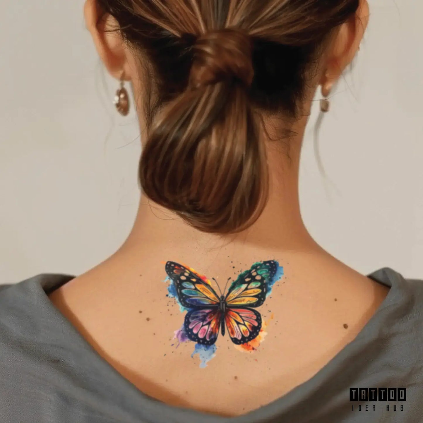 colorful butterfly neck temporary tattoo idea design