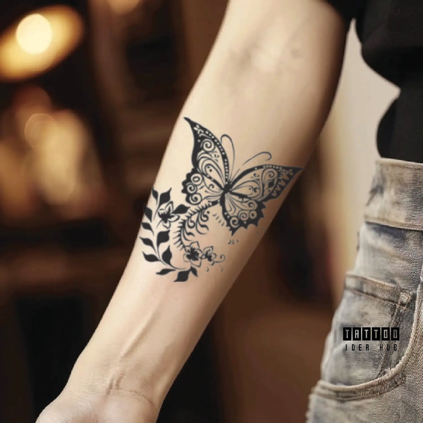 henna style butterfly forearm temporary tattoo idea design