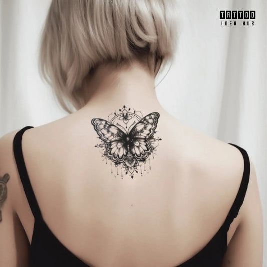 butterfly mandala neck temporary tattoo idea design