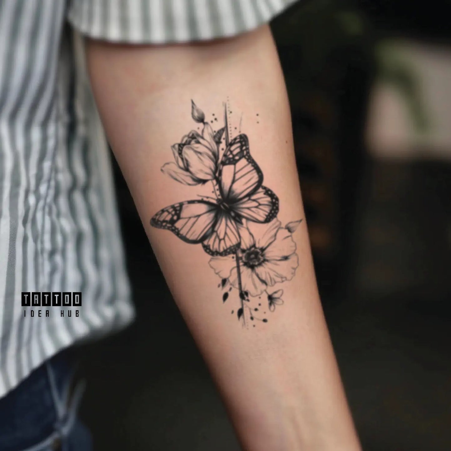 butterfly flowers forearm temporary tattoo idea design