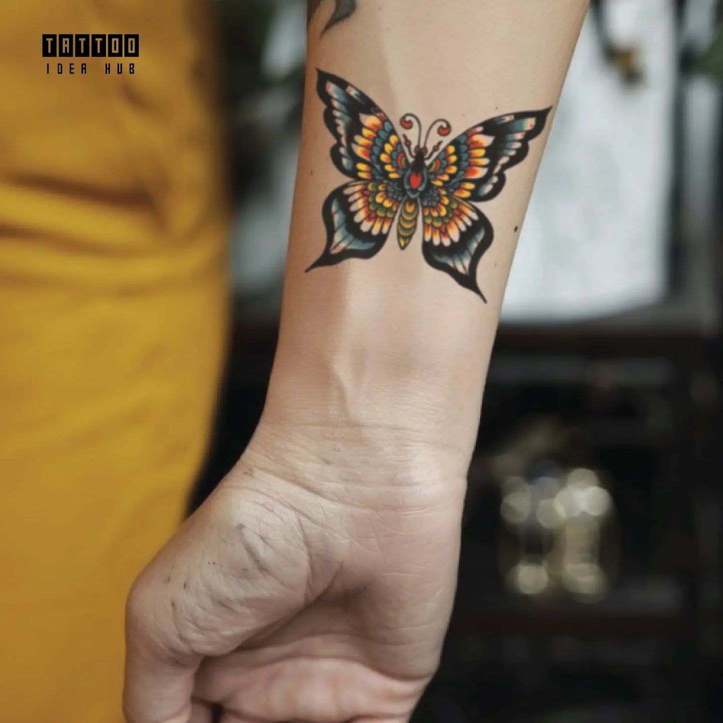 neo traditional butterfly wrist temporary tattoo idea design