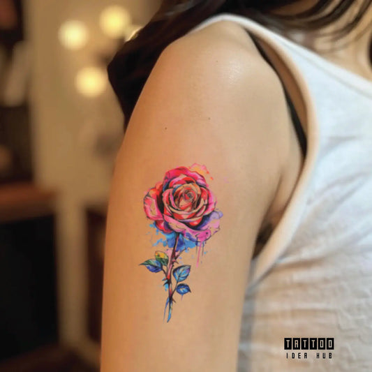 watercolor rose bicep temporary tattoo idea design