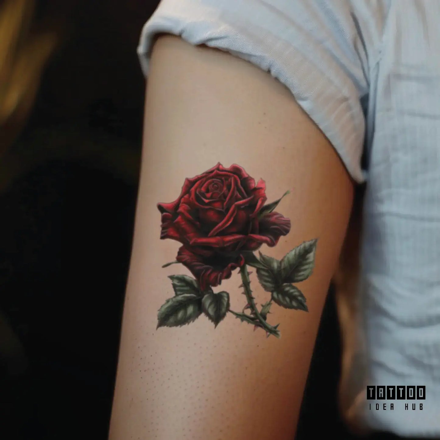 realistic rose bicep temporary tattoo idea design