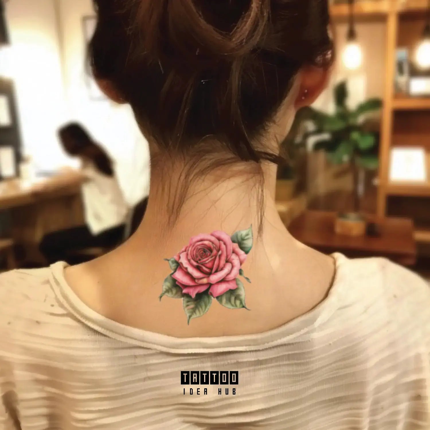 pink rose neck temporary tattoo idea design