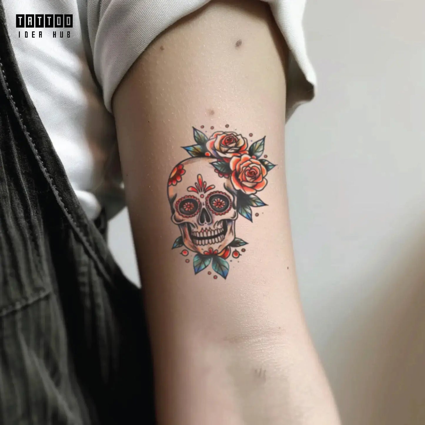 sugar skull rose flower bicep temporary tattoo idea design