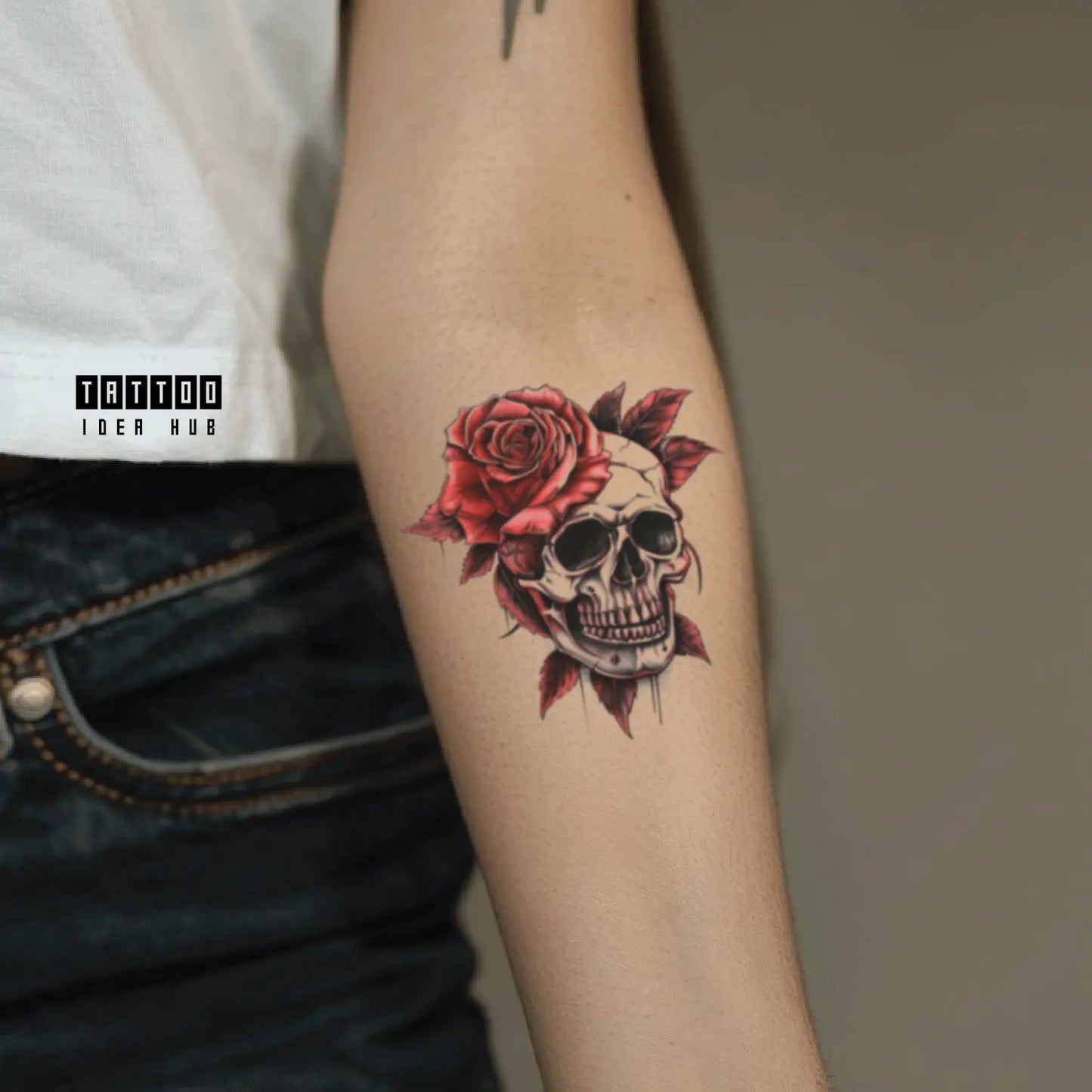 rose skull forearm temporary tattoo idea design