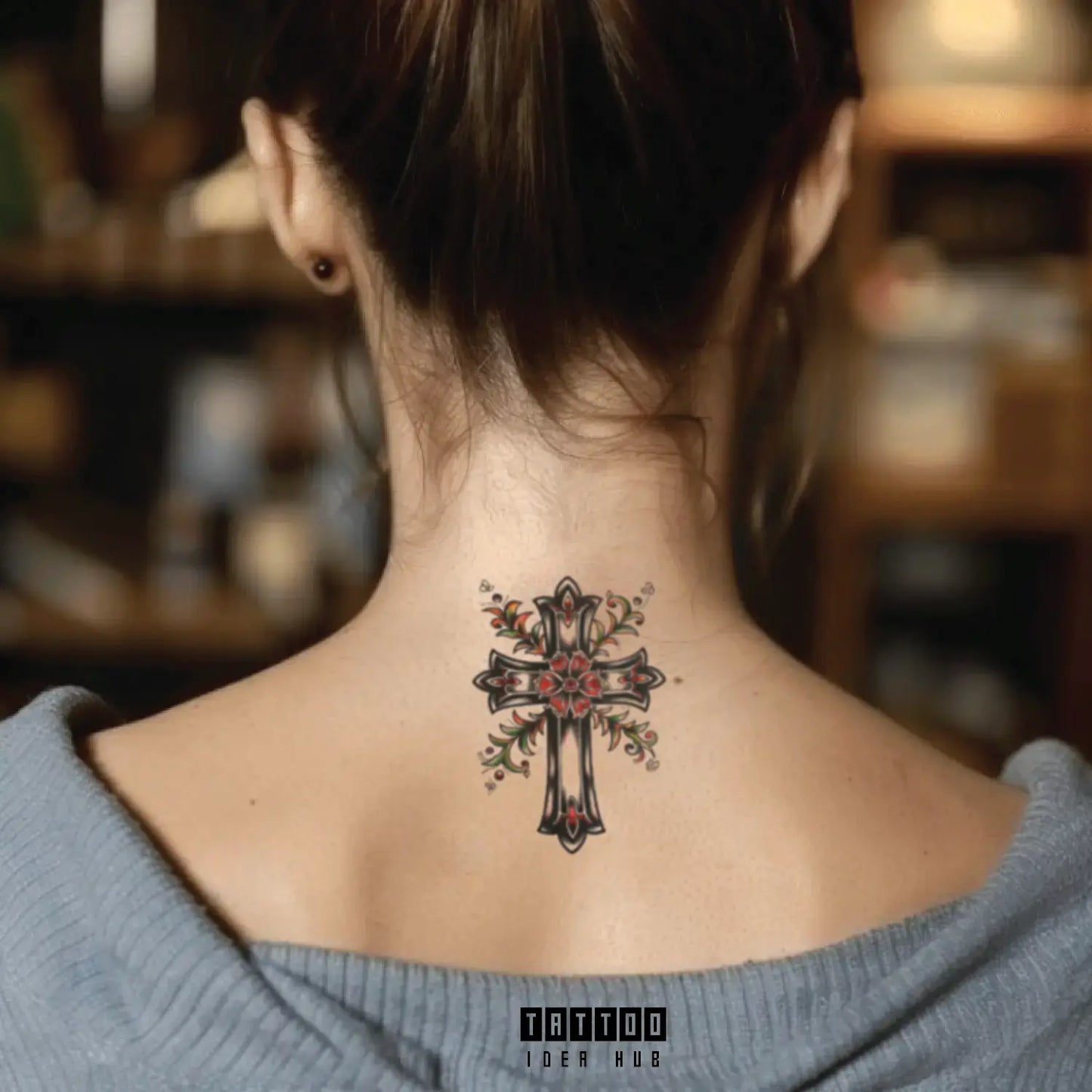 traditional gothic cross neck temporary tattoo idea design