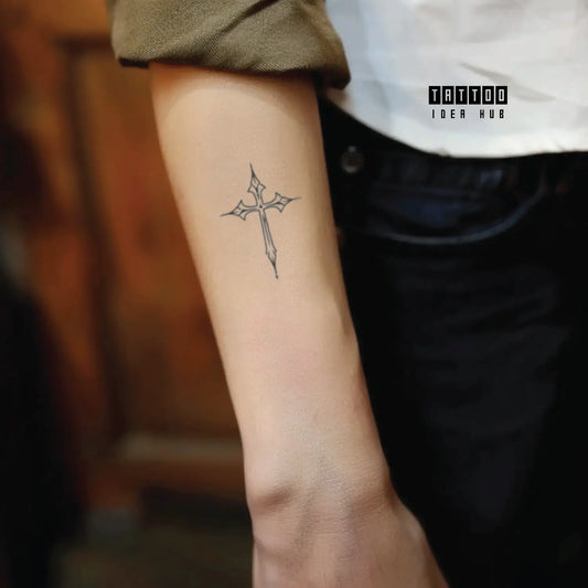 simple cross forearm temporary tattoo idea design