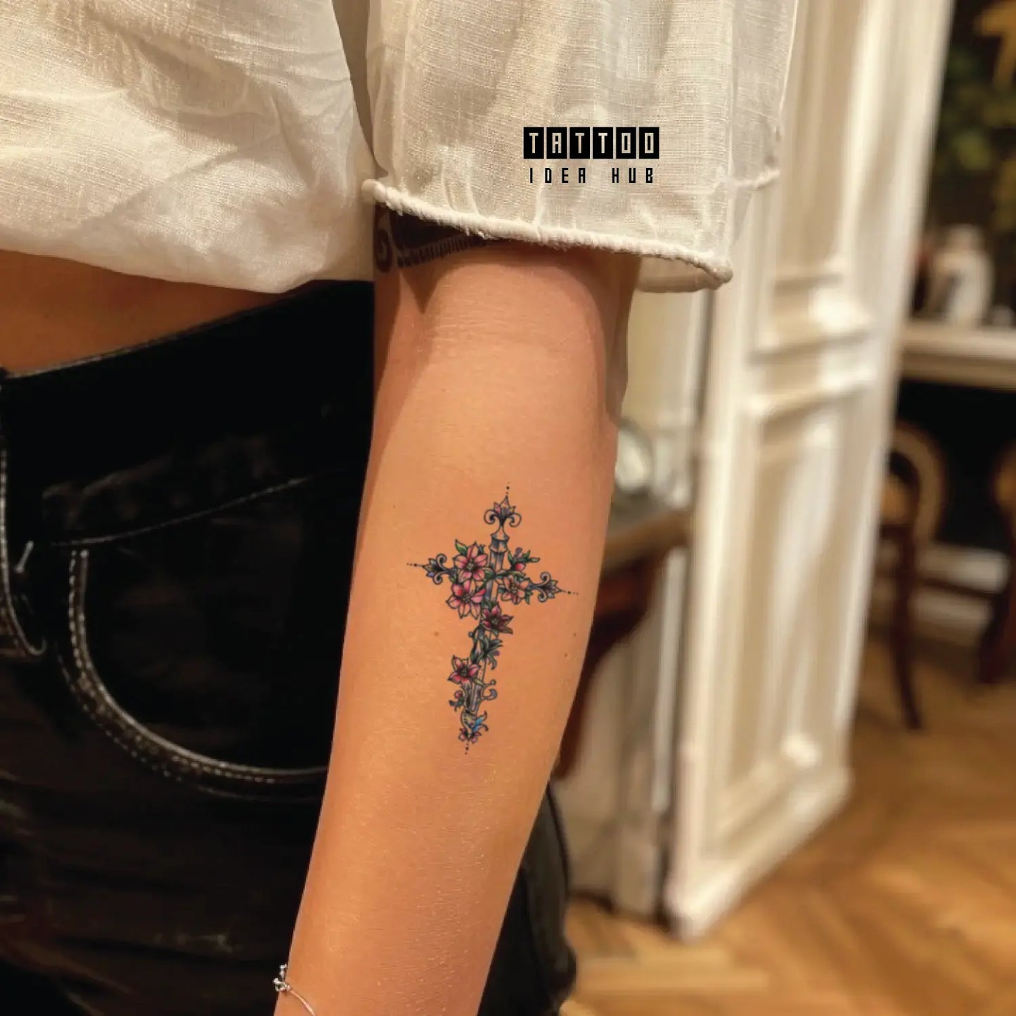 flower cross forearm temporary tattoo idea design