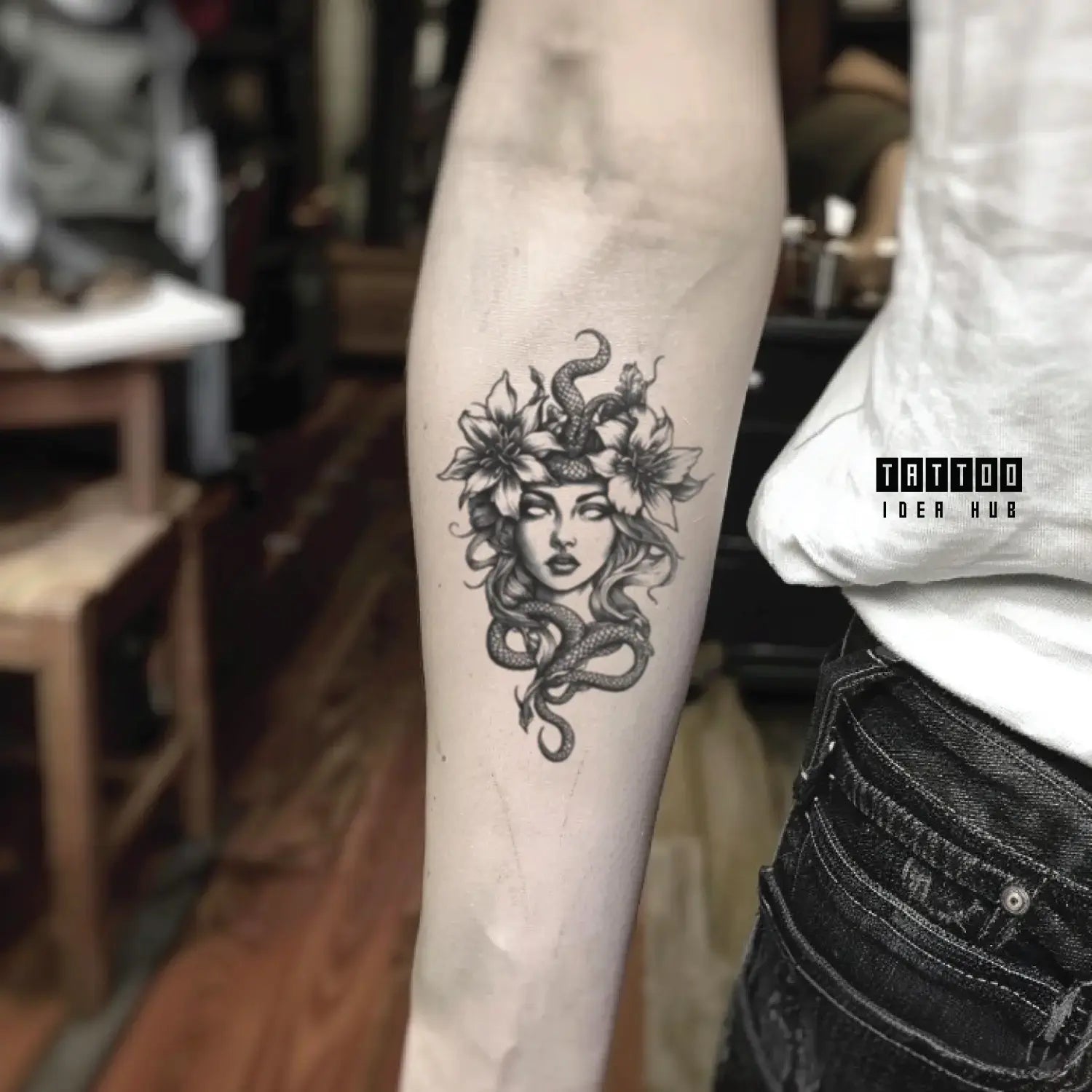 medusa flower forearm temporary tattoo idea design