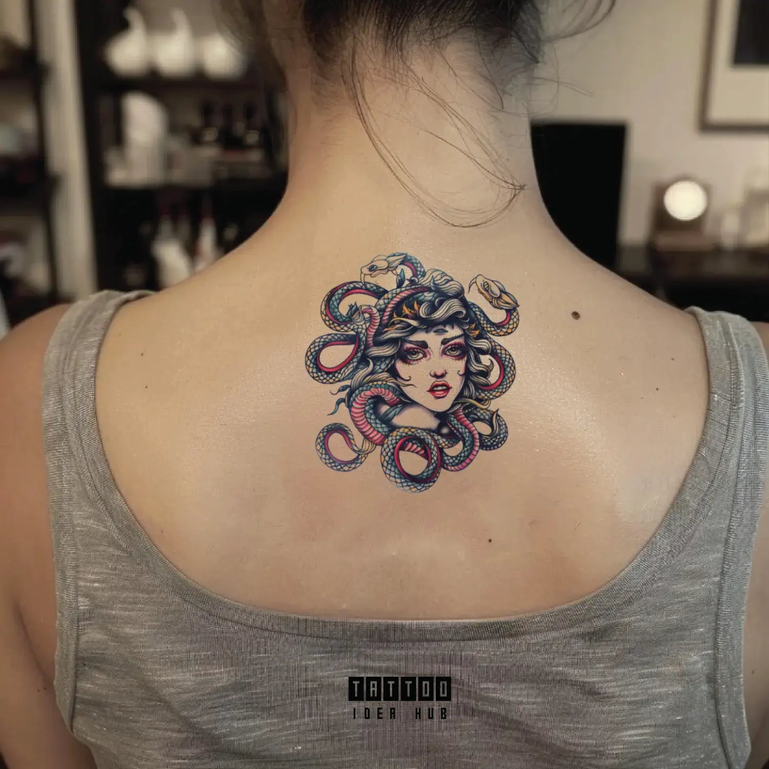 traditional medusa neck temporary tattoo idea design