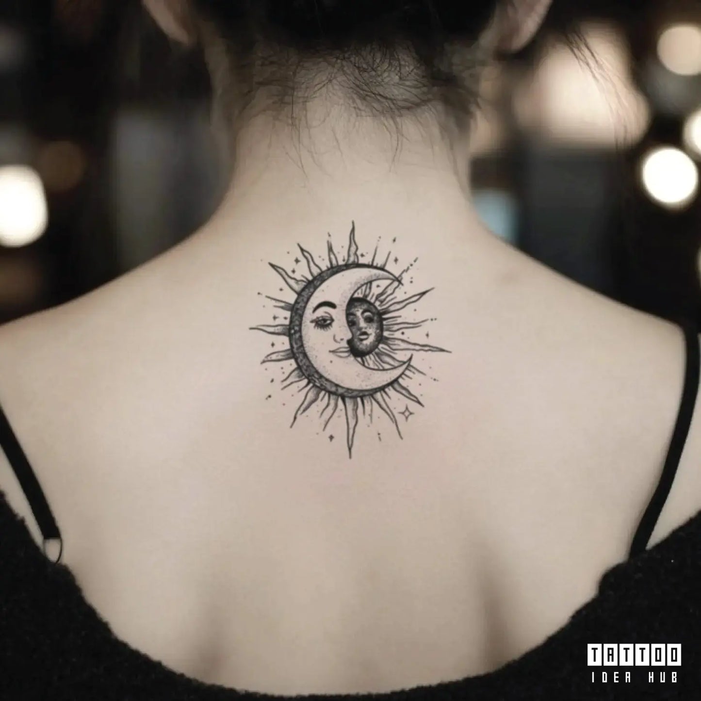 bohemian sun and moon neck temporary tattoo idea design